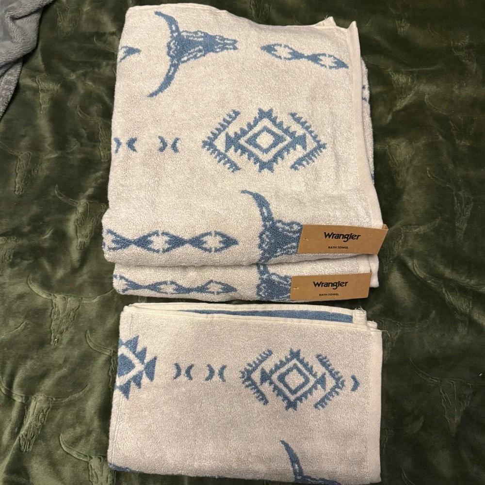 Wrangler Towel Set Unisex OS Beige New Steer Head Striped 3 Piece Bath Hand